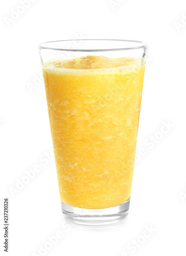 Glass of tasty fruit smoothie on white background