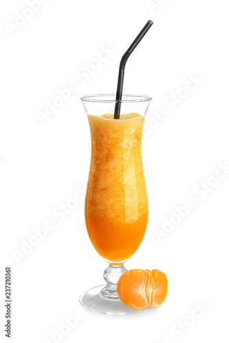 Glass of tasty mandarin smoothie on white background
