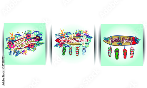 merry christmas and a happy new year in a warm climate design tropical Christmas, Holiday greeting card with, Christmas decoration in tropical style, Christmas style sandals on the beach