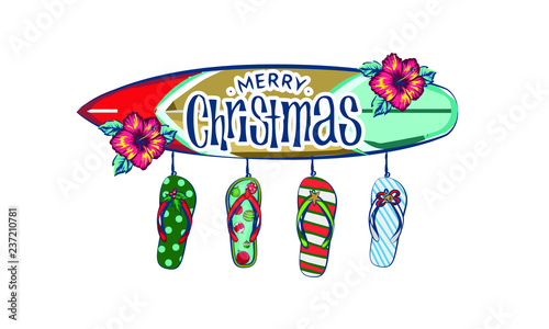 merry christmas and a happy new year in a warm climate design tropical Christmas, Holiday greeting card with, Christmas decoration in tropical style, Christmas style sandals on the beach