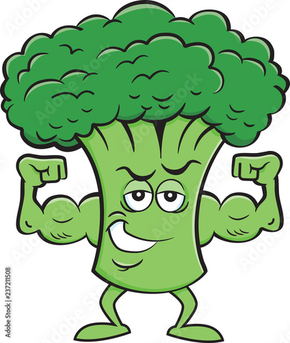 Cartoon illustration of a broccoli flexing his muscles.