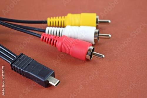 White, yellow and Red wire.Audio and video cable connector on white background.