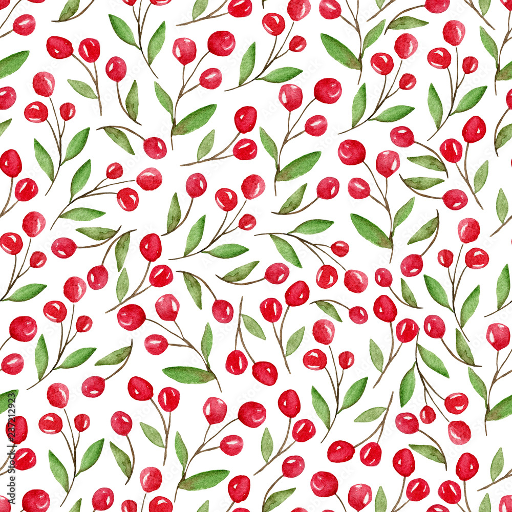 Seamless pattern with red berries. Watercolor hand rawn Seamless pattern with red berries. Watercolor hand rawn
