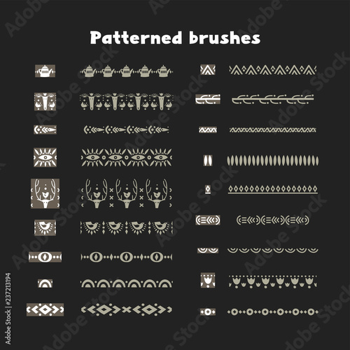 Collection of patterned brushes, decorated with scandinavian folk ornaments, seamless on both sides