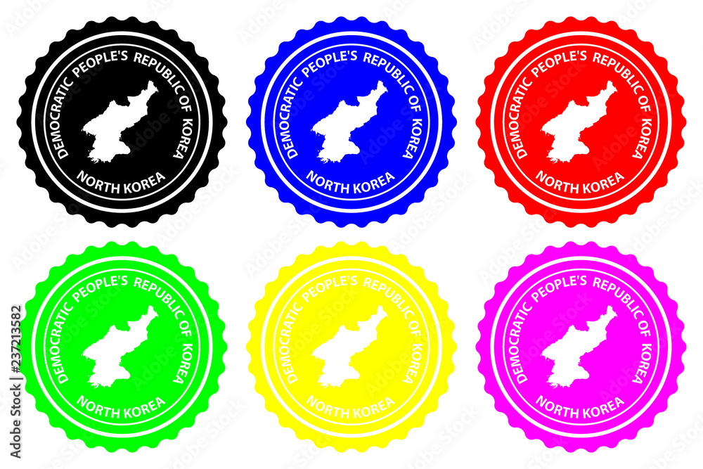 North Korea - rubber stamp - vector, Democratic People's Republic of Korea (DPRK, PRK, DPR Korea, or Korea DPR) map pattern - sticker - black, blue, green, yellow, purple and red