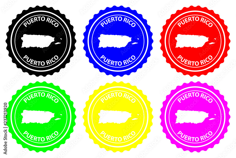 Puerto Rico (Porto Rico) - rubber stamp - vector, Commonwealth of Puerto Rico island map pattern - sticker - black, blue, green, yellow, purple and red Puerto Rico (Porto Rico) - rubber stamp - vector, Commonwealth of Puerto Rico island map pattern - sticker - black, blue, green, yellow, purple and red