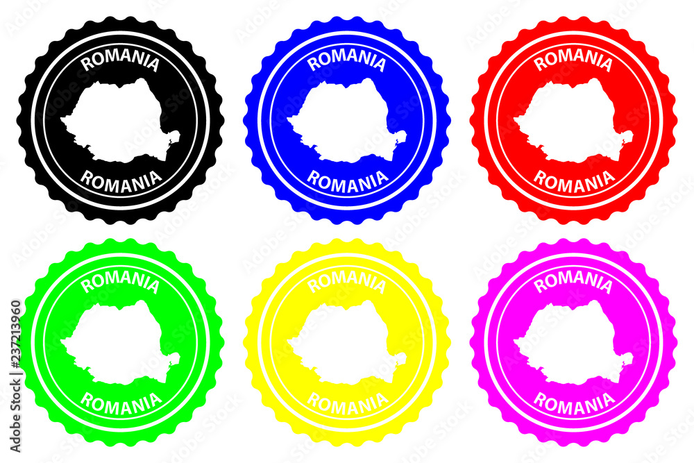 Romania - rubber stamp - vector, Romania map pattern - sticker - black, blue, green, yellow, purple and red Romania - rubber stamp - vector, Romania map pattern - sticker - black, blue, green, yellow, purple and red