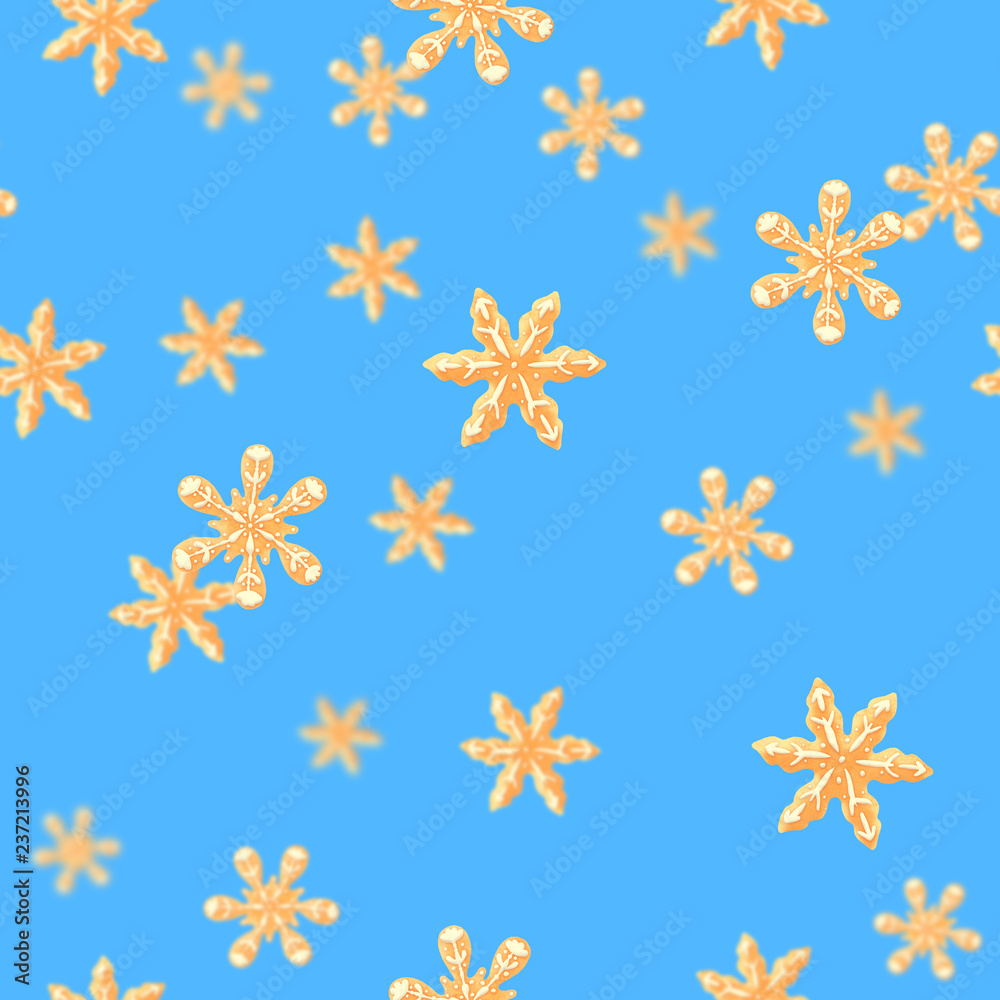Seamless pattern with falling 3D realistic xmas sweet brown gingerbread cookies shaped like snowflakes with white icing at bright blue background. Seamless pattern with falling 3D realistic xmas sweet brown gingerbread cookies shaped like snowflakes with white icing at bright blue background.