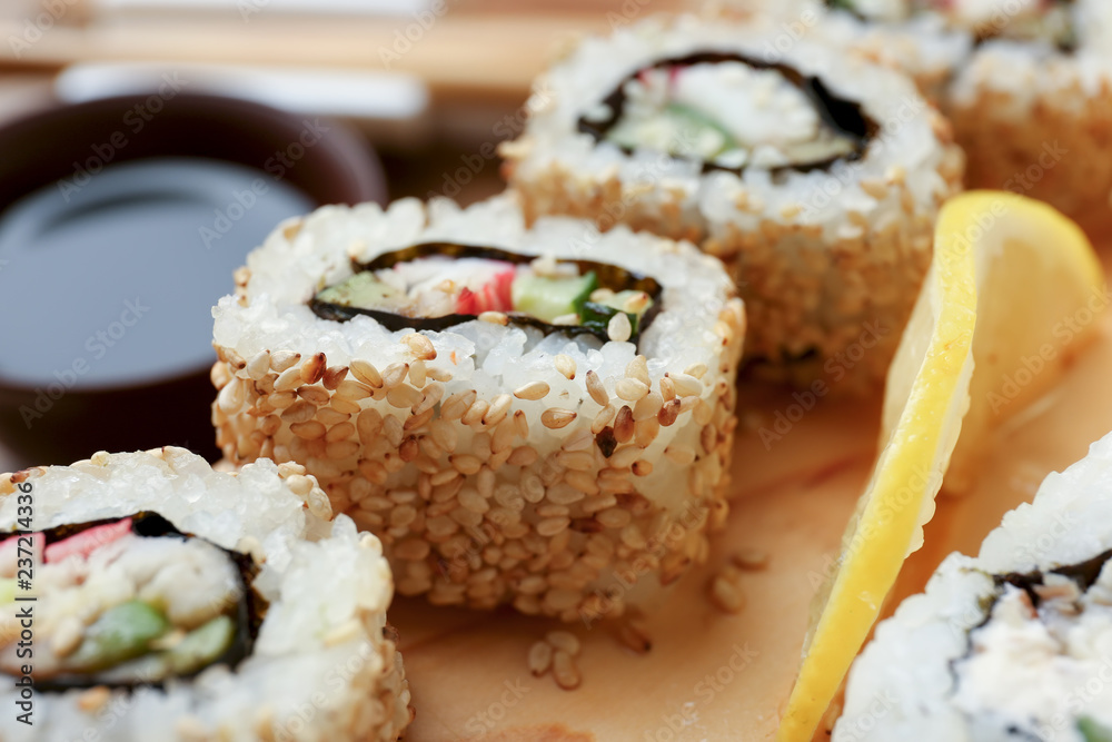 Tasty sushi on table, closeup