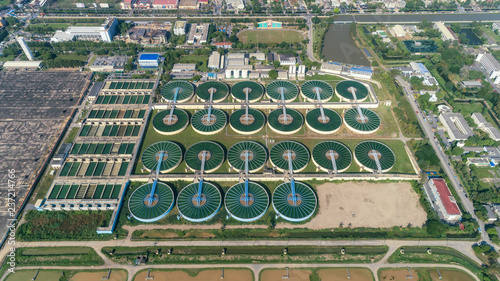 Aerial view water treatment plant for environment or public utility concept.