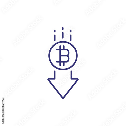 Bitcoin decline line icon. Arrow down with bitcoin symbol on white background. Cryptocurrency concept. Vector illustration can be used for topics like money, finance, economy, investment