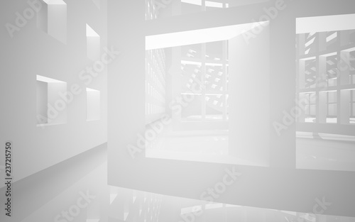 Abstract white interior of the future, with neon lighting. 3D illustration and rendering