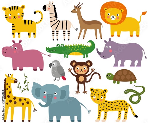 African jungle animals set  elephant  lion  croco  monkey and more 