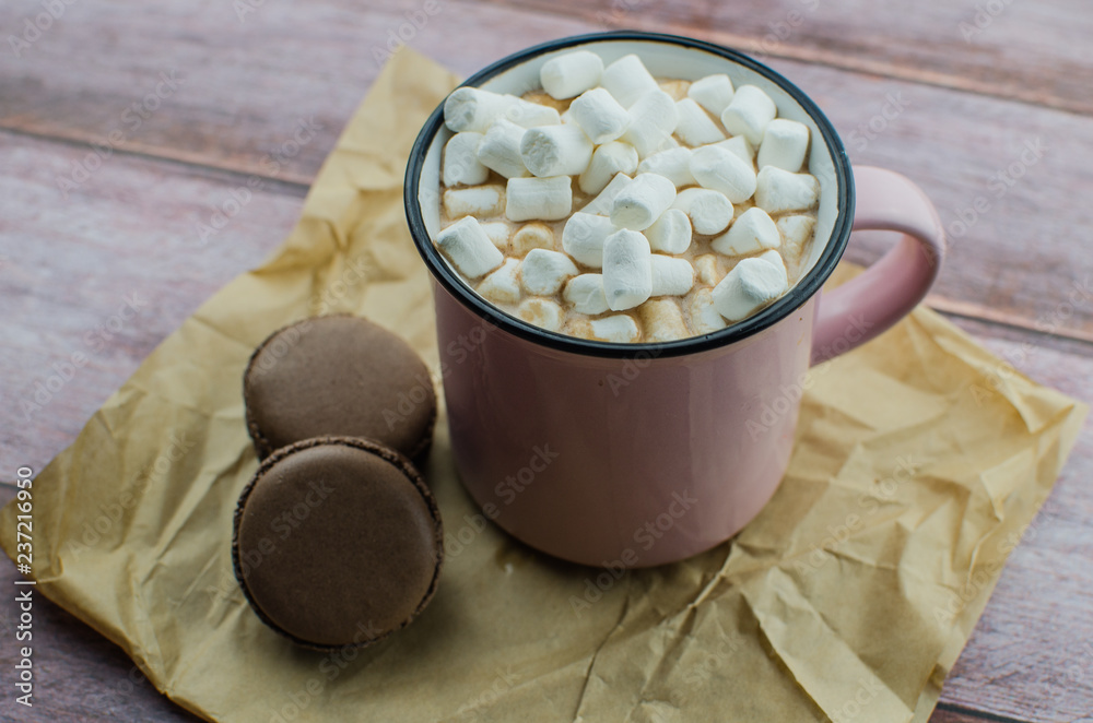 Cocoa drink with spices, zephyr on wooden background Cocoa drink with spices, zephyr on wooden background