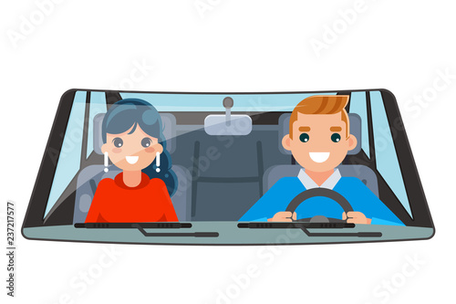 Driver vehicle passenger interior car wheel ride driving isolated flat design vector illustration