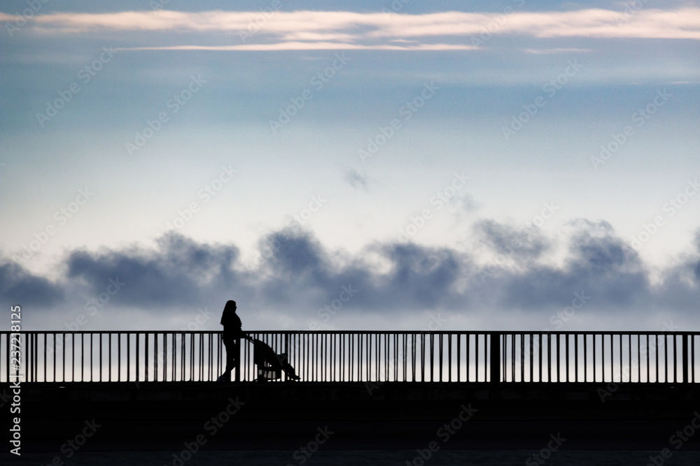 People in silhouette standing on a bridge over a sea