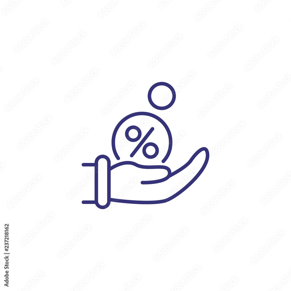 Take credit line icon. Hand with percent mark on white background. Finance concept. Vector illustration can be used for topics like finance, credit, economy Take credit line icon. Hand with percent mark on white background. Finance concept. Vector illustration can be used for topics like finance, credit, economy