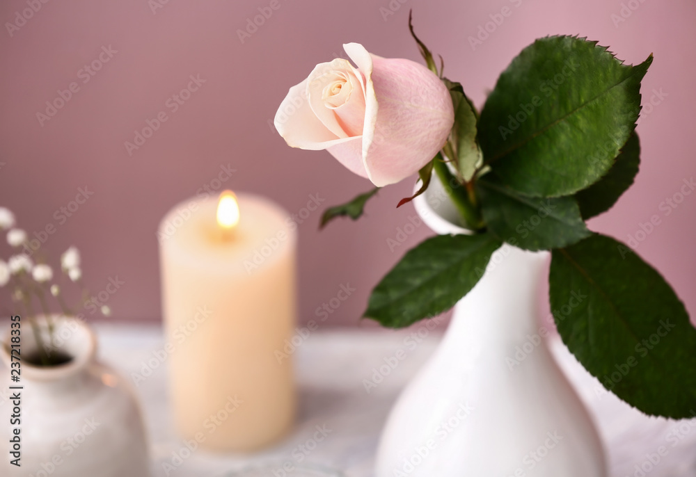 Beautiful rose in vase and blurred burning candle on background