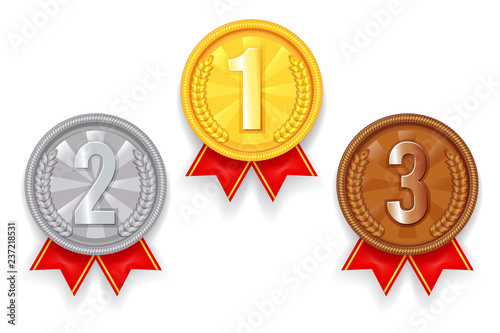 Gold silver bronze award sport 1st 2nd 3rd place medal red ribbon icons set vector illustration photo