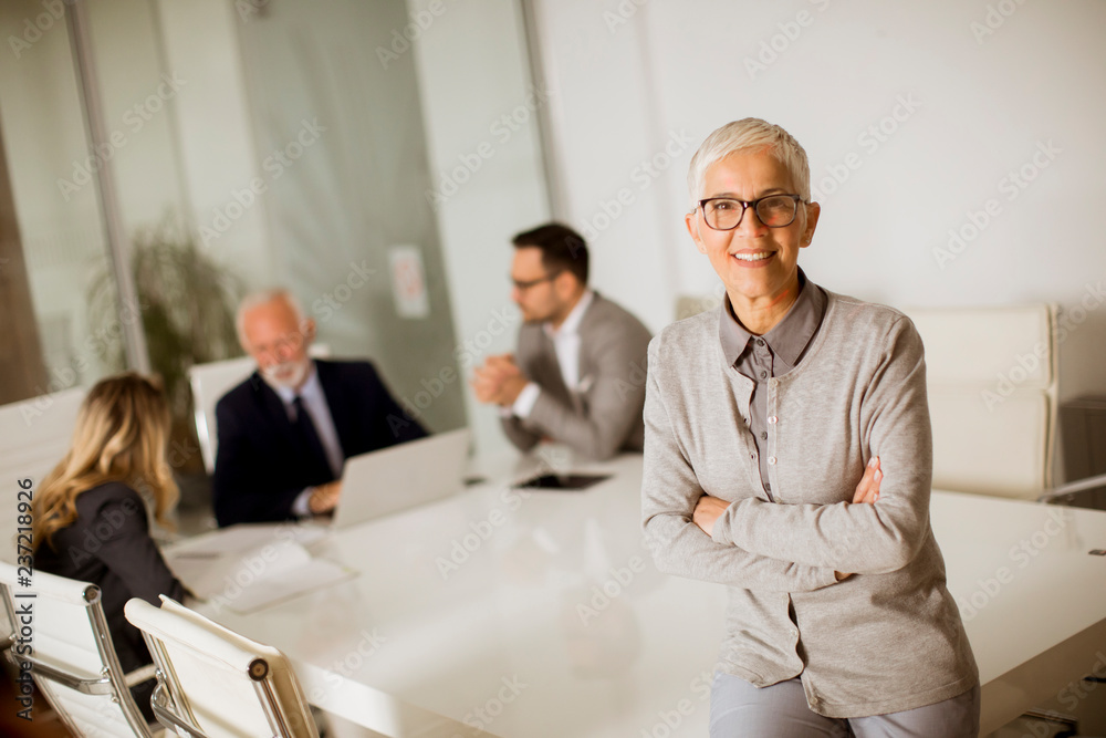Obraz premium Portrait of senior businesswoman in office while other business people having meeting