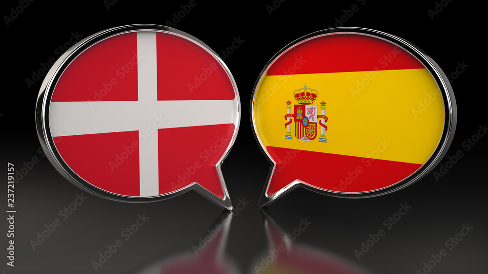 Denmark and Spain flags with Speech Bubbles. 3D illustration