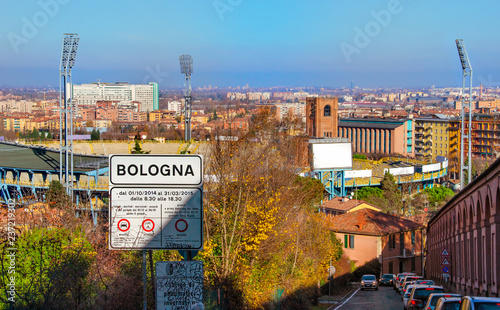 Bologna street sign aerial panorama view city up hill San Luca sanctuary archway Colli Bolognesi photo