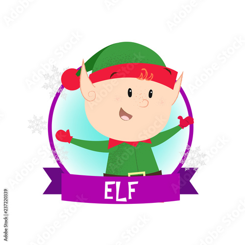 Christmas poster design with merry elf. Drawing of santa helper in green costume in purple round frame on white background. Can be used for postcards, greeting cards, leaflets