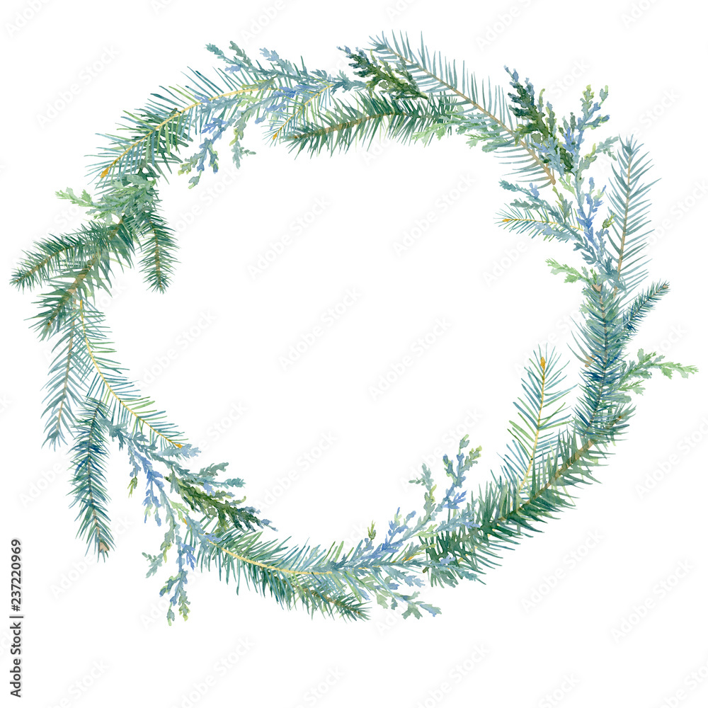 Winter watercolor painted Christmas wreath on white background.Watercolor winter painting vintage round frame with branches of juniper, Christmas trees. Traditional christmas decoration Winter watercolor painted Christmas wreath on white background.Watercolor winter painting vintage round frame with branches of juniper, Christmas trees. Traditional christmas decoration