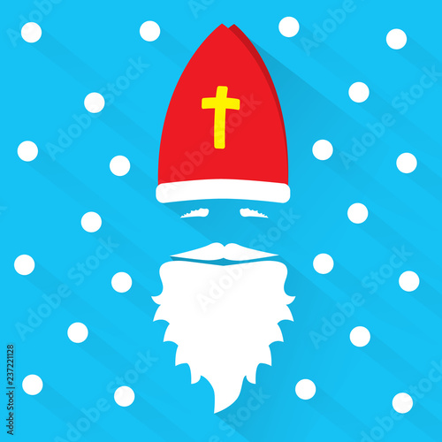 Saint Nicholas on blue background with dots as snowflake and shadow. Greeting Card. Flat design vector illustration.