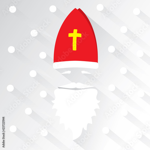 Saint Nicholas on white background with dots as snowflake and shadow. Greeting Card. Flat design vector illustration.