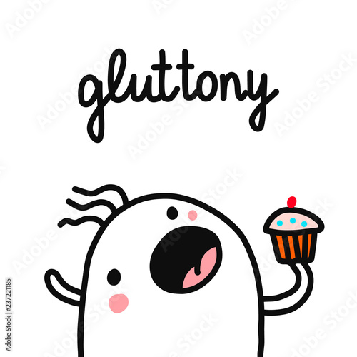 Gluttony sin hand drawn illustration with eating marshmallow cake sweets bakery diet for prints posters body positive articles
