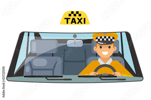 Taxi vehicle interior driver car wheel ride driving isolated flat design vector illustration