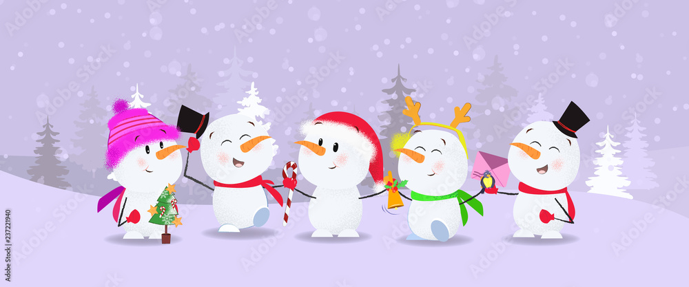 Creative winter postcard with cartoon company. Poster with cartoon characters of elf, Santa Claus and piglet with bright front page. Can be used for programs, postcards, invitations Stock Vector | Adobe Stock Creative winter postcard with cartoon company. Poster with cartoon characters of elf, Santa Claus and piglet with bright front page. Can be used for programs, postcards, invitations Stock Vector | Adobe Stock
