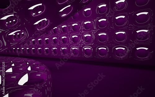 Abstract interior of the future in a minimalist style with violet violet sculpture. Night view from the backligh. Architectural background. 3D illustration and rendering photo