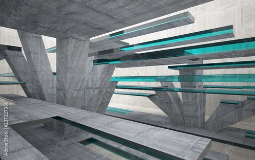 Abstract interior of blue glass and concrete. Architectural background. 3D illustration and rendering 