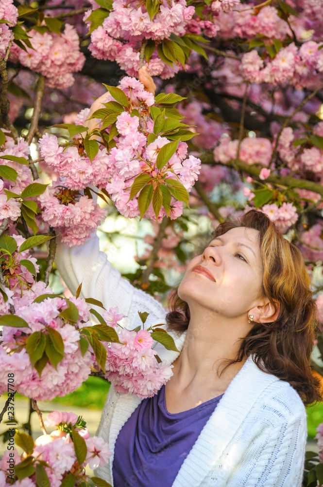 A cute woman resting in the spring in the shade of blooming trees. The woman enjoys silence and sniffs pink flowers A cute woman resting in the spring in the shade of blooming trees. The woman enjoys silence and sniffs pink flowers