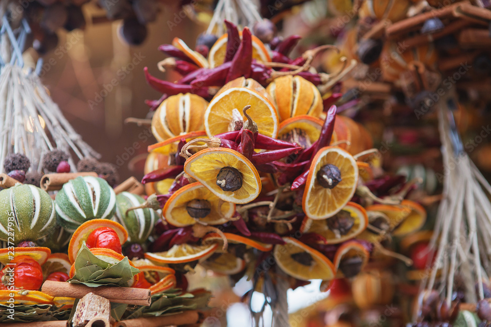 Christmas decorations made from dried fruits, vegetables and spices