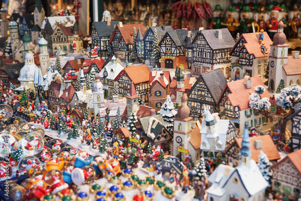 Close up of Christmas market stall in Vienna, Austria. Christmas decorations at a Christmas market. Merry christmas, cute festive decoration