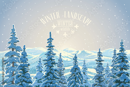 Winter mountain landscape with snow covered trees spruce in the foreground and thematic inscription.