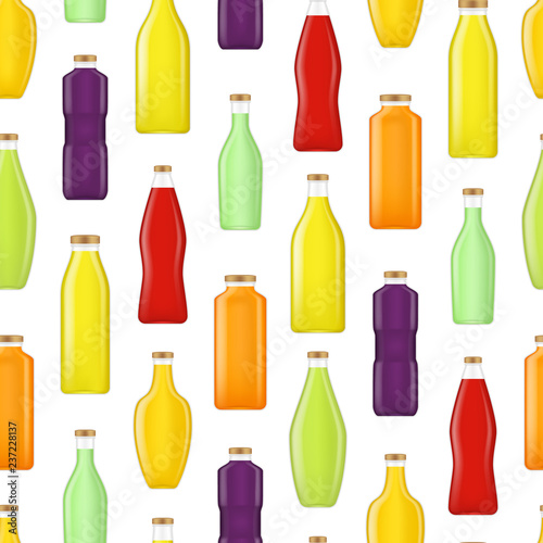 Realistic Detailed 3d Different Types Juice Bottle Glass Seamless Pattern Background. Vector