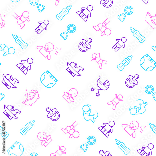 Newborn Babies Signs Thin Line Seamless Pattern Background. Vector