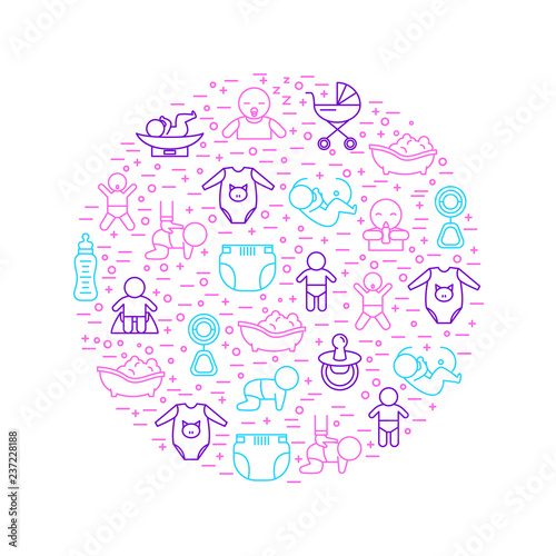 Newborn Babies Signs Thin Line Round Design Template. Vector