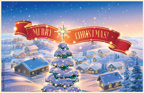 Festive landscape with ribbon and inscription with a festive Christmas tree in the foreground and evening landscape with mountains and forests in the snow in the distance.
