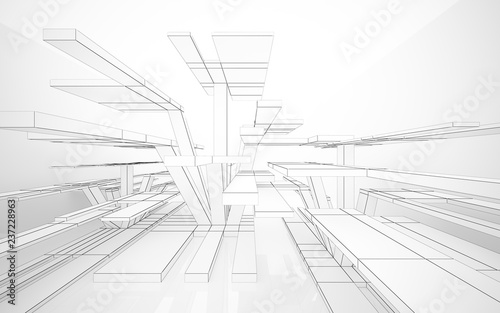 Abstract white interior highlights future. Polygon drawing. Architectural background. 3D illustration and rendering