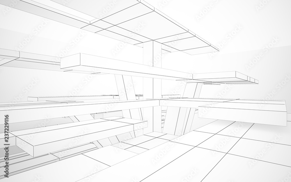 Abstract white interior highlights future. Polygon drawing. Architectural background. 3D illustration and rendering