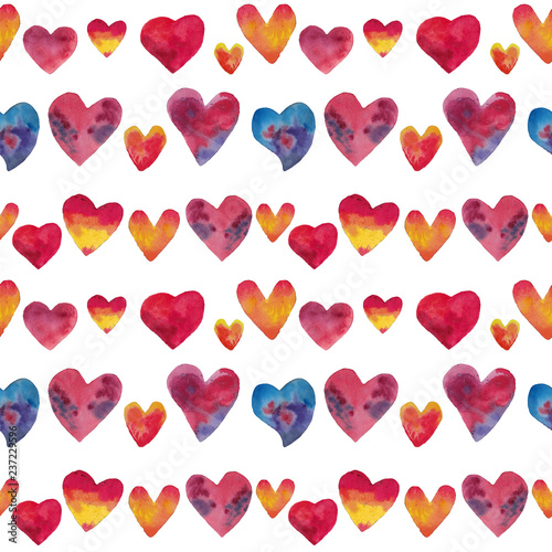 Watercolor seamless pattern of hand drawn red orange blue hearts. Design for wrappind papper, postcards, valentines cards, background. photo