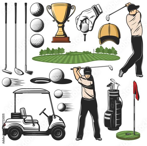 Golf sport items icons and player with play course