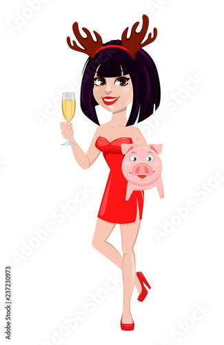 Beautiful woman wearing mask with reindeer horns