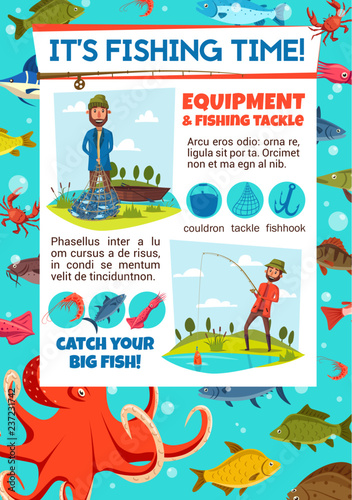 Fishing contest invitation with fisher and tackle