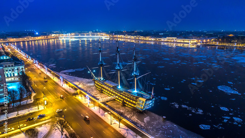 Saint Petersburg. Neva river with ice. Winter in St. Petersburg. Ice floats floating on the Neva River. Russia. Winter in Russia.